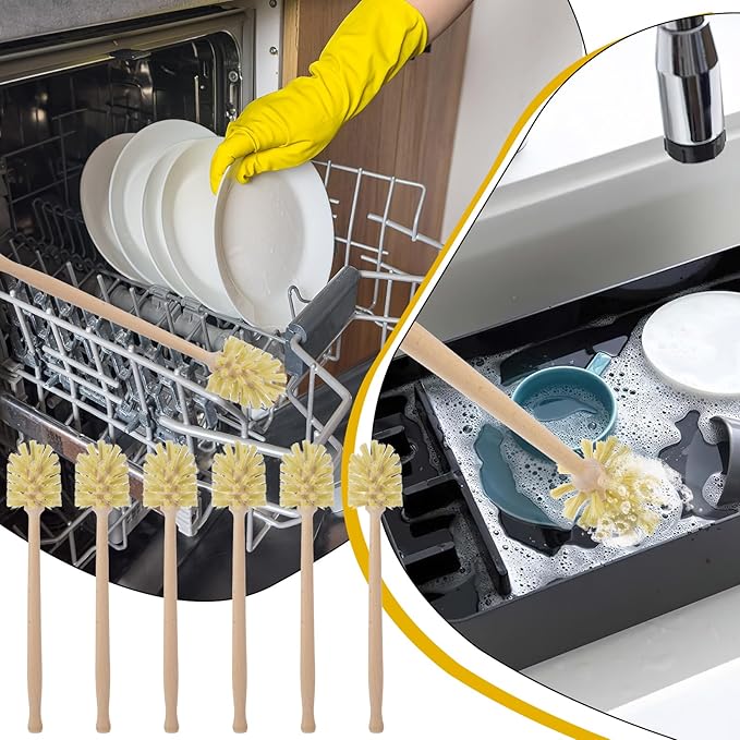 6 Pcs Bottle Brush, Natural Wood Dish Brush Scrub Brush with Long Beechwood Handle Bristles for Cleaning Bottles Mugs Jars Glasses Dishes Vases Pitchers, 13.78 x 2.6 Inches