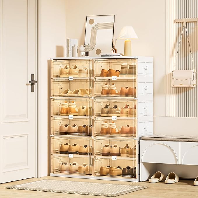 JEKO&JEKO 8-Tier Foldable Shoe Storage Box with Magnetic Doors, Large Stackable Shoe Organizer Cabinet for Entryway, Clear Front Door Shoe Boxes Hold Up to 32 Pairs (White)