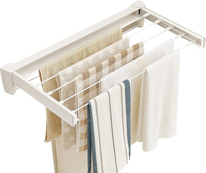 JOOM Laundry Drying Rack Collapsible, Wall Mounted Drying Rack, Clothes Drying Rack, Retractable Drying Racks, 27.5" Wide, 5 Aluminum Rods with Hooks, 60 lb Capacity (White 27.5" with Hooks)