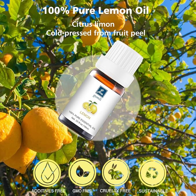 Lemon Essential Oil - Pure Organic Lemon Oil for Diffuser, Spray, Skin & Hair Care, Massage, DIY Candles & Soap - 10mL