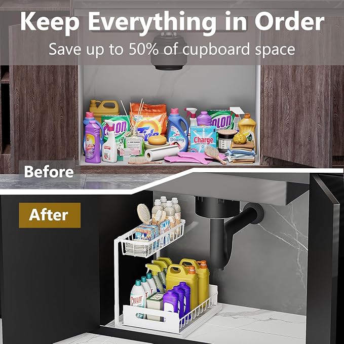 Under Sink Organizers and Storage 2 Tier Slide Out Kitchen Cabinet Organizer Sturdy Metal Bathroom Storage (White, 1 Pack)