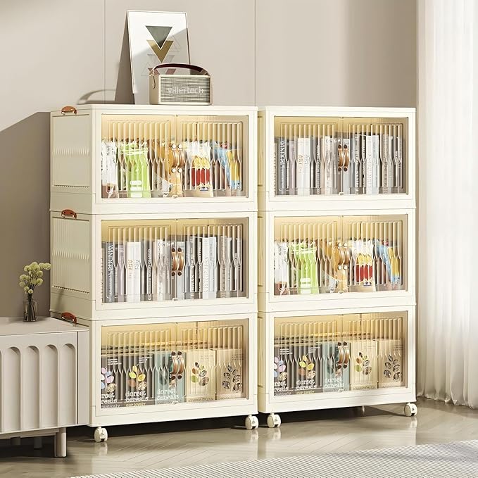 Stackable Storage Bins 104 Qt, Folding Storage Box with Lids and Doors, Open Front Folding Storage Bins with Wheels Large Plastic Storage Container Closet Organizers (3 Tier)