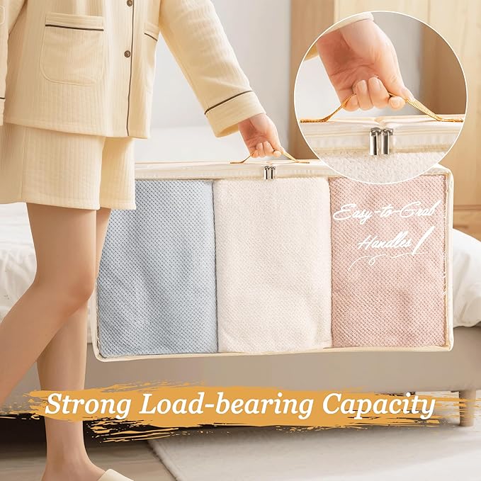 Criusia Under Bed Storage Bins with Clear PVC Lids – 4 Pack Large Underbed Organizers with Heavy-Duty Handles, Reinforced with 800G PP Panels & 80G Non-Woven Fabric – Waterproof & Foldable, Beige