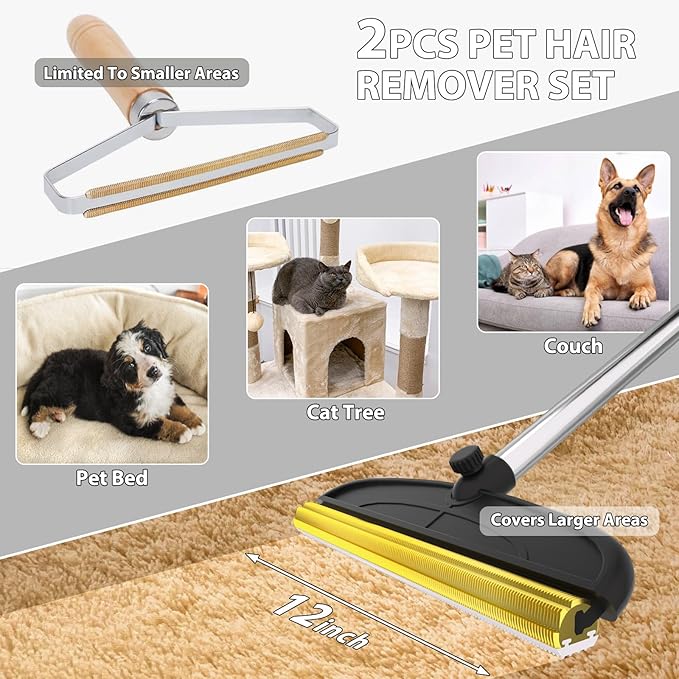2 in 1 TPU and Copper Rake Teeth Carpet Rake for Pet Hair Removal,60inch Adjustable Long Handle Pet Hair Remover Tool,Reusable Cat Dog Hair Rake Broom,Lint Remover Scraper for Carpet,Bed(Black-Silver)