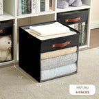 Storage Cube Organizer with Clear Window, Linen Collapsible Storage Boxes with PU Handles, Cube Storage Bins for Shelf, Closet, Cabinet, Bookcase (13x13x13, Black)