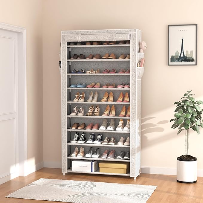ROJASOP 10 Tier Shoe Rack with Covers Large Capacity Stackable Tall Shoe Shelf Storage for 50-55 Pairs Shoe and Boot, Sturdy Free Standing Shoe Rack Organizer for Closet, Entryway, Bedroom, Printing