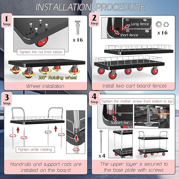 Utility Service Cart 2 Shelf - 880lbs Capacity Heavy-Duty Plastic Rolling Utility Carts with 5 of 360° Swivel Wheels and Handle, Large Service Cart for Groceries, Warehouse,Garage 43.5''x25.6''