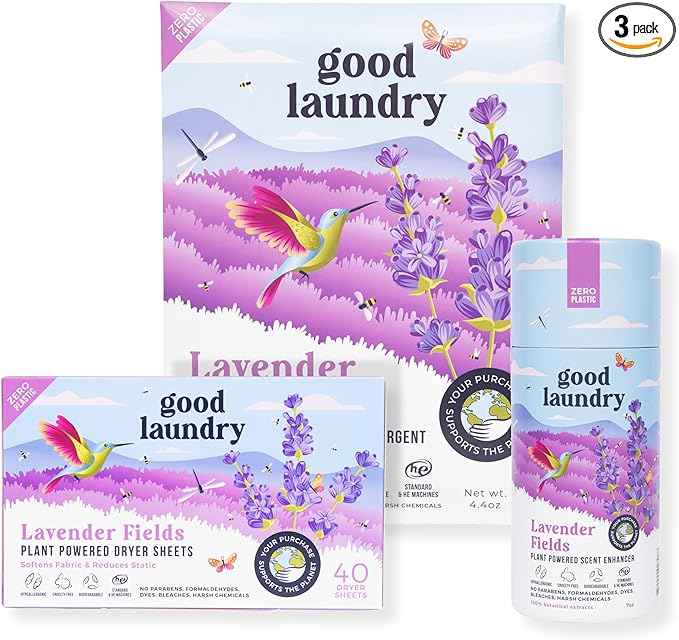 Bundle: Lavender Laundry Detergent Sheets (60 Loads), Scent Booster Beads (7oz) & Dryer Sheets (40ct) - Eco-Friendly, Plastic-Free, Hypoallergenic, Chemical-Free