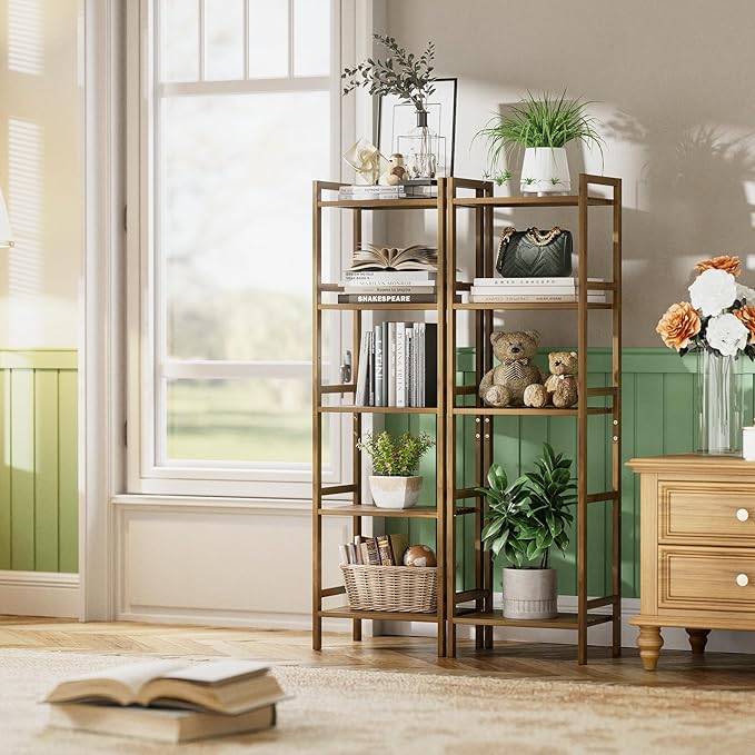 HITNET Bamboo Book Shelf, Tall Narrow Bookcase, Bathroom Shelving Unit 5 Tier Floor Standing Adjustable Bookshelf for Small Spaces, Walnut