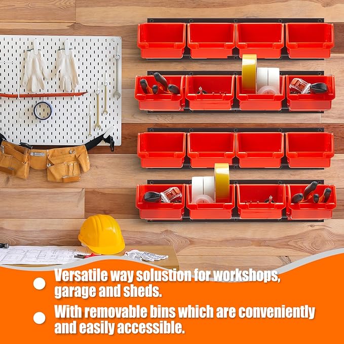 Maitys Wall Mounted Storage Bins Plastic Hanging Stackable Storage Parts Garage Tool Organizer for Screws, Nuts, Bolts, Nails, and Small Hardware Parts, 16x Bins & 4 x Rails(Orange)