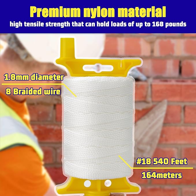 #18 Mason Line String, 540 Feet Braided Nylon Twine with 5 Built-in Levels, High-Visibility String Line for Construction, Gardening, DIY, and Outdoor Projects (Fluorescent White)