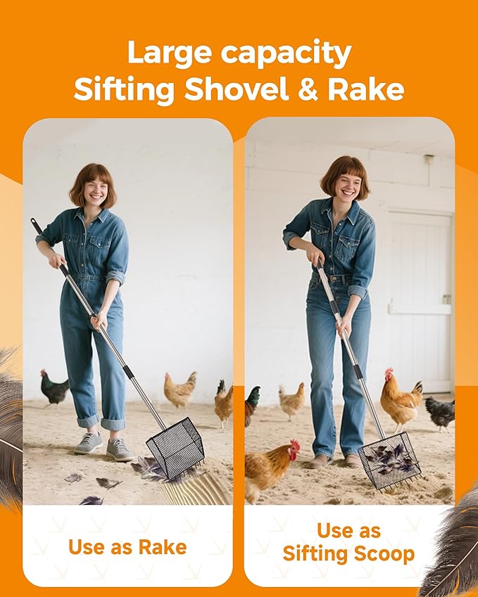 Upgraded Chicken Poop Scooper & Rake 2-in-1,Coop Cleaning Tool Metal Scoop,0.25" fine mesh Sand Sifting Shovel with 35" to 62" Adjustable Stainless Steel Handle for Chicken Coops & Farm Animals Scoop