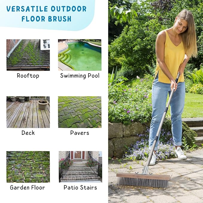 Stainless Steel Wire Scrub Brush with Long Handle for Deck, Concrete, Patio Floor Cleaning, 59'' Heavy Duty Stiff Metal Bristle Scrubber Broom for Outdoor Moss Removal