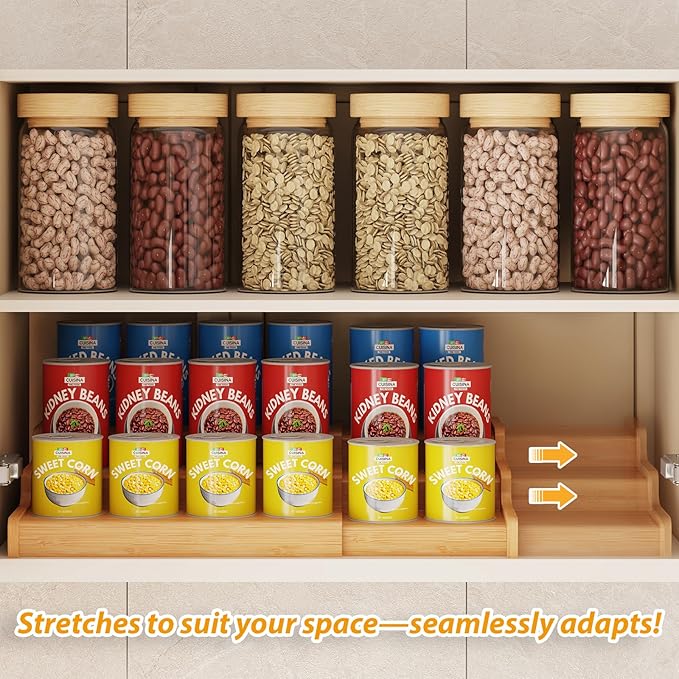 Expandable Bamboo Can Rack Organizer for Pantry, 3-Tier Adjustable Can Storage Holder, Soda Organizer Holds Up to 24 Cans, Canned goods Storage Display for Pantry, Cabinet, Countertop (patent pending)