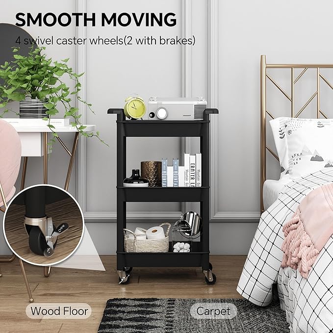 3-Tier Utility Rolling Cart with Cover Top Board, Mobile Utility Cart with Lockable Casters Multi-Functional Storage Trolley for Office, Bathroom, Kitchen, Garden, Laundry Room (Black)