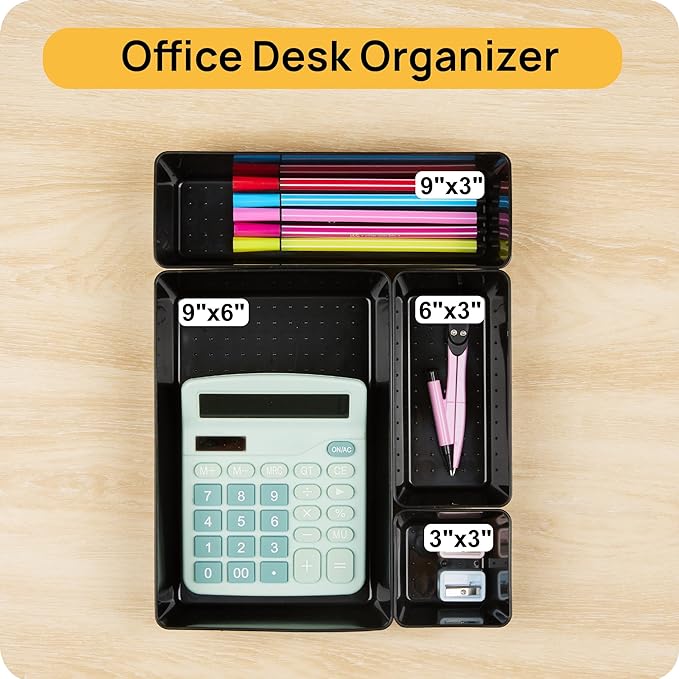 Vtopmart 25 PCS Office Desk Drawer Organizers Set, 4-Size Versatile Plastic Drawer Organizer Trays, Storage Bins for Desk Accessories Office Organizers and Storage, Bathroom, Makeup, Vanity, Black