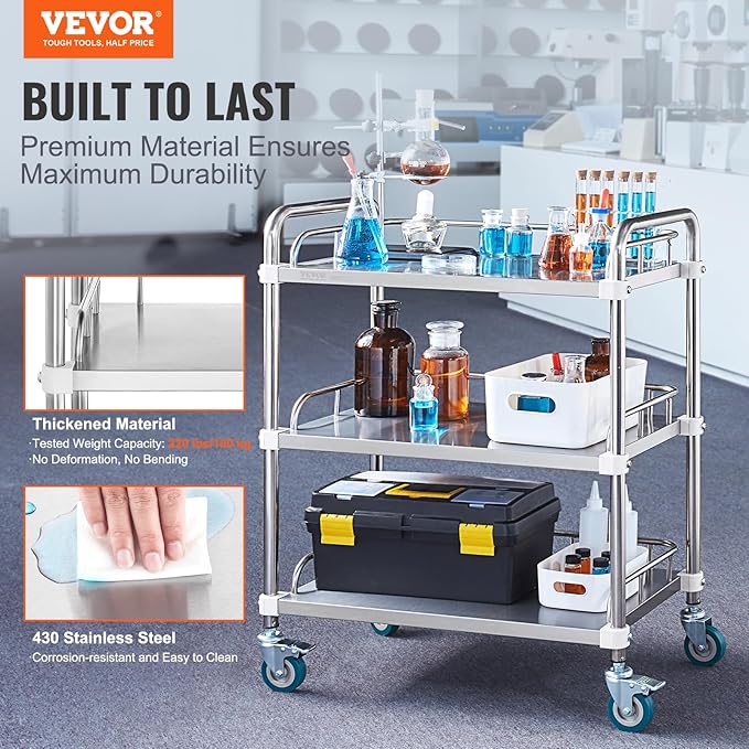 VEVOR Lab Rolling Cart, 3-Shelf Stainless Steel Rolling Cart, Lab Serving Cart with Swivel Casters, Dental Utility Cart for Clinic, Lab, Hospital, Salon, 26.38"x15.55"x34.13"