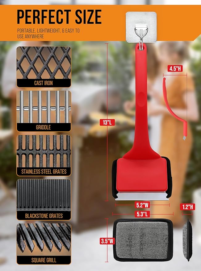 Grill Brush Bristle Free, Grill Cleaner Brush with 5 Replacement Heads, Ultra Safe Grill Brush for Outdoor Grill, Cast Iron, Stainless Steel Grates, Grill Scraper Outdoor BBQ Grill, Red