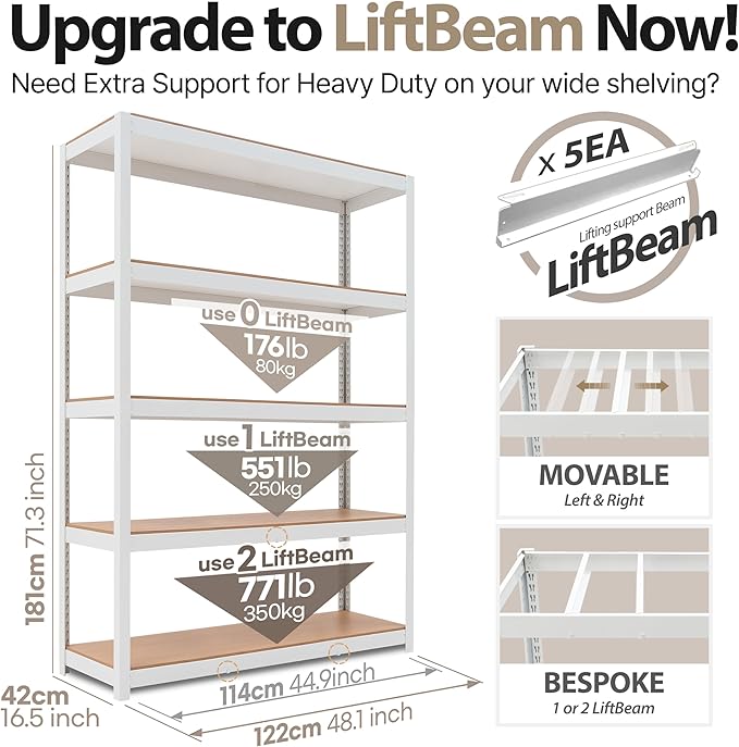 HOMEDANT House Lift-Beam White 48" Wide Boltless Heavy Duty Garage Storage Shelving Adjustable 5-Tier Metal Shelves Laminated Organization Shelf Industrial Utility Rack Pantry Shed Office Store 2Pack