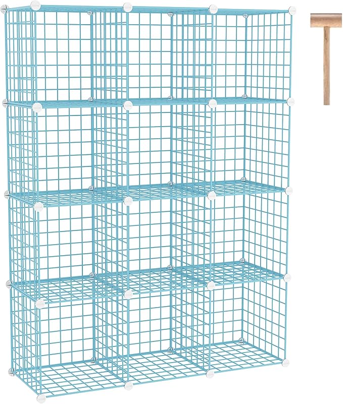 C&AHOME Wire Cube Storage, 12 - Cube Organizer Metal C Grids, Modular Shelves Units, Closet Organizer, Ideal for Home, Office, Living Room, 36.6”L x 12.4”W 48.4”H, Blue UWCS3012B
