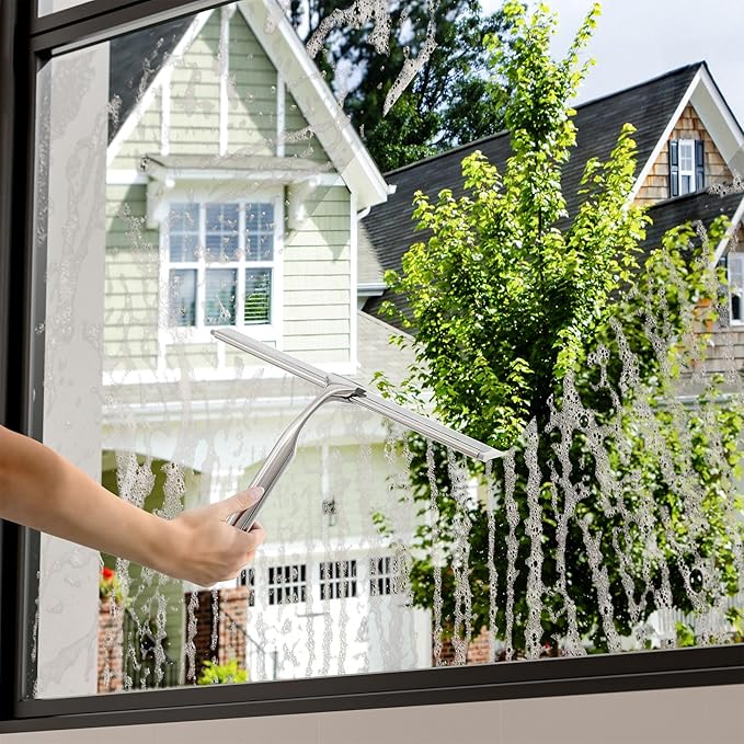 Shower Squeegee for Glass Doors, Squeegee for Shower Glass, Bathroom with Hook, Stainless Steel, 12-Inch Wide Blade for Efficient Cleaning, Perfect for Shower Glass,Tile Walls and Mirrors, Chrome