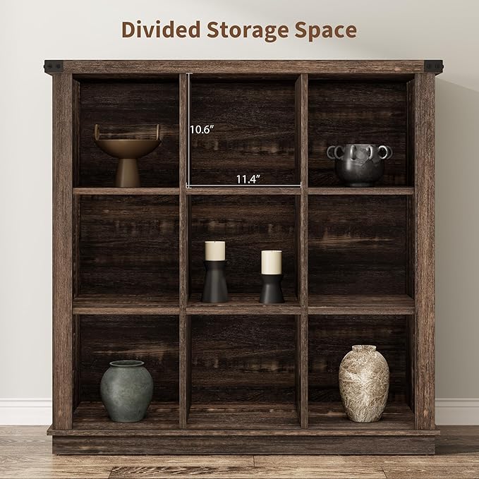 GarveeHome 9 Cube Storage Organizer Bookshelf, 4 Tier Farmhouse Horizontal Bookcase, 37.4 Inch Wood Storage Bookcase for Entryway, Long Low Bookshelves for Living Room-Black Oak