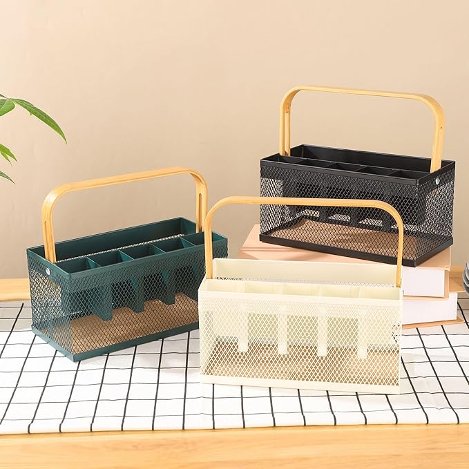 Utensil Caddy Metal Mesh Silverware Cutlery Organizer Basket with Bamboo Handle, Multi-Purpose Steel Wire Caddy 6 Compartment Flatware Basket for Kitchen, Countertop, Picnic, Restaurant, White