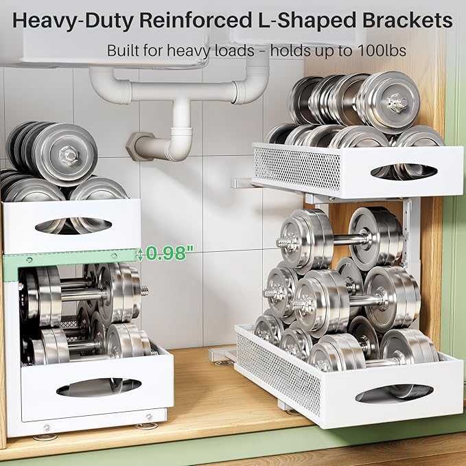 Under Sink Organizer, 2 Tier Pull out Cabinet Organizer Baskets with Mesh Sliding Drawers, Slide out Storage Shelf for Home, Kitchen, Bathroom, Pantry, Office Cabinet(1 Pack, White)