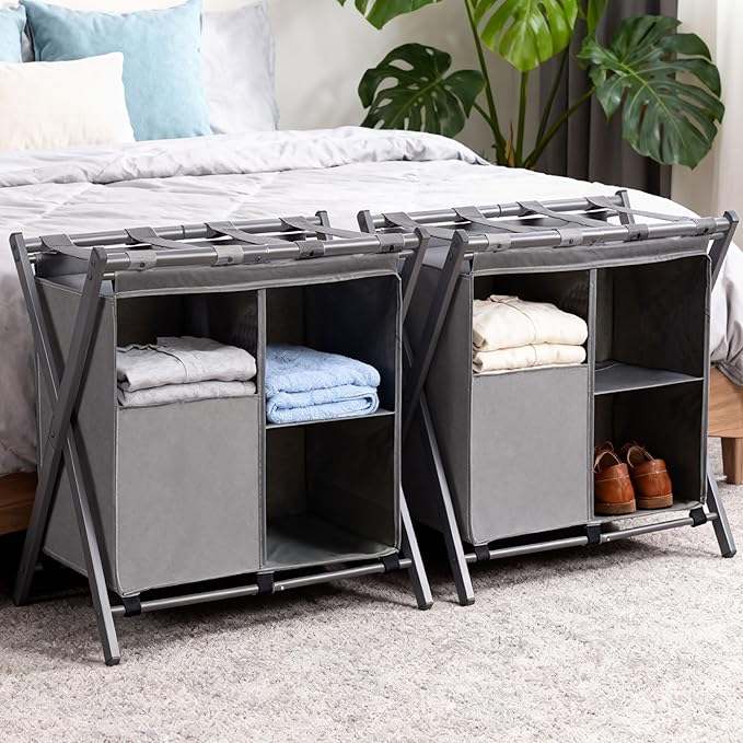 Heybly Luggage Rack with Laundry Bag,Pack of 2,Steel Folding Suitcase Stand with Storage Shelf for Bedroom, Hotel, Foldable Steel Frame, Gray,HLR006G2