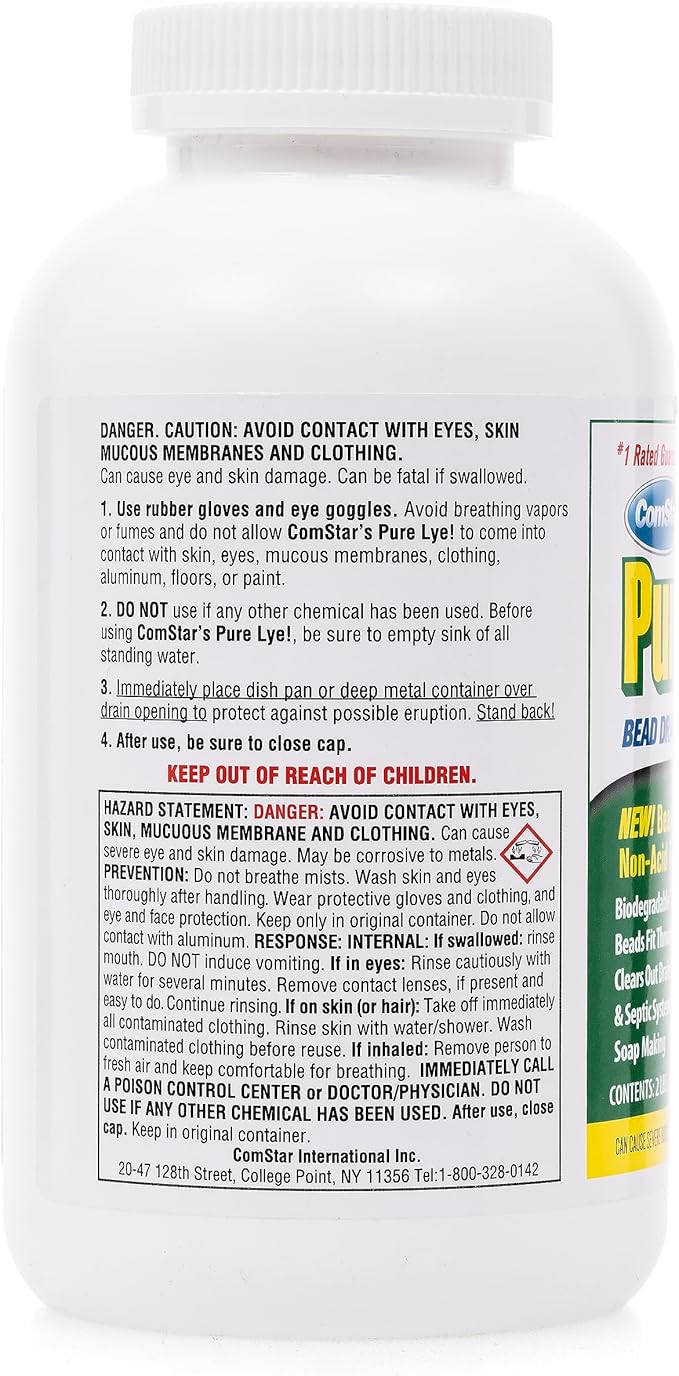 ComStar Pure Lye | 99% Pure Sodium Hydroxide Beads | Eco-Friendly, Industrial Strength, Biodegradable Drain Opener | Safe on Fixtures | Static-Free, Unique Beads for Soap Making | 2 lb. (30-504)
