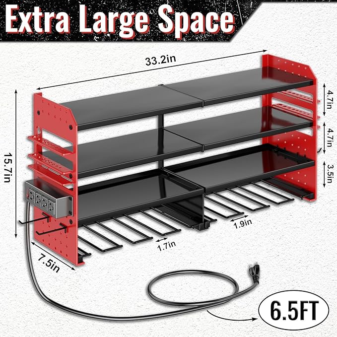 Large Power Tool Organizer Wall Mount with Charging Station, 4 Layer Heavy Duty Metal Cordless Tool Organizer, Tool Storage Rack with 8 Cordless Drill Holder Screwdriver Hammer(Red)