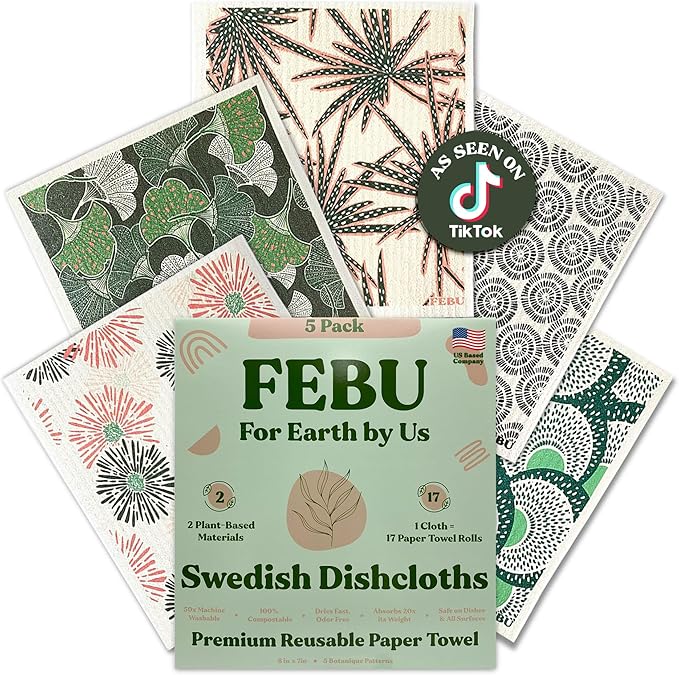 FEBU Swedish Dishcloths for Kitchen | 5 Pack Botanique Reusable Paper Towels Washable | Swedish Dish Towels | Non-Scratch Cellulose Sponge Cloths | No Odor, Biodegradable Cleaning Cloths