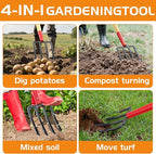 HIGHLIGHT Garden Fork, 4-Tine Spading Fork, Compost Fork, Steel Digging Fork, 45Inch, Steel D-Grip, Wooden Handle