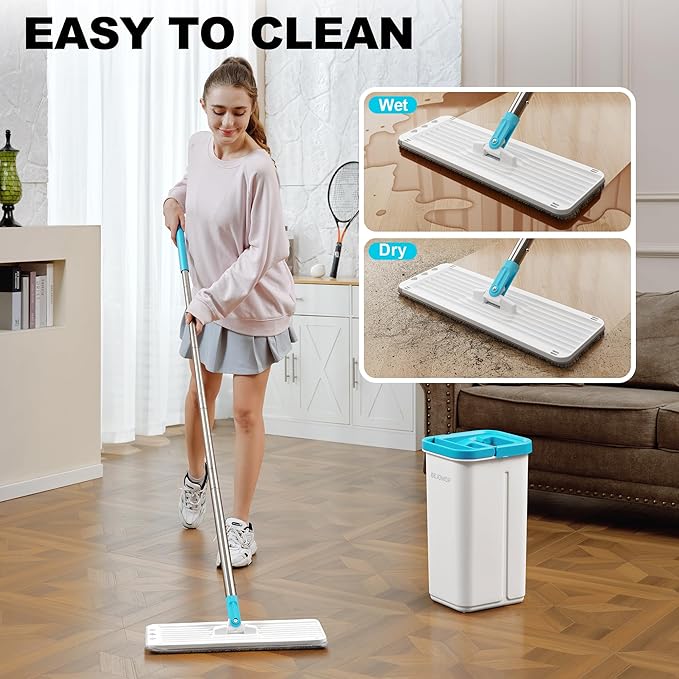 Mop and Bucket Set, Mops for Floor Cleaning, Squeeze Flat Mop and Bucket System, Dry & Wet Wall Mop Cleaner with Long Handle for Household Cleaning with 4 Microfiber Mops, Turquoise-Cyan