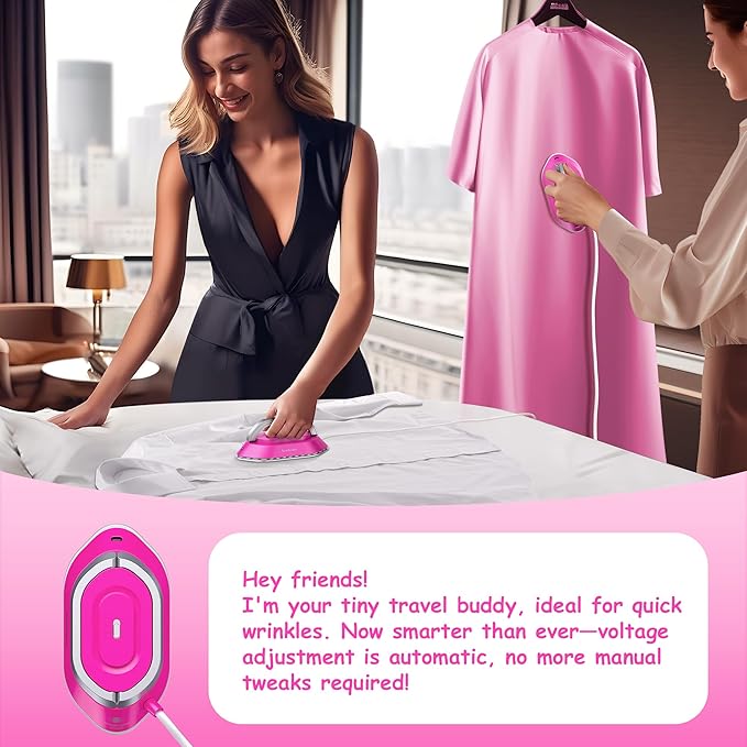 Newbealer Travel Iron with Global Voltage, 100-240V Mini Dry Iron for Clothes (No Steam), Max 300W, 60s Heat Up, 302℉ Non-Stick Ceramic Soleplate, 0.8lbs Ultra-Lightweight (Hotpink)
