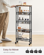 VASAGLE Slim Rolling Cart, 5-Tier Storage Cart, Narrow Carts with Handle, 5.1 Inches Deep, Metal Frame, for Kitchen, Dining Room, Living Room, Home Office, Rustic Brown and Classic Black ULRC034B01