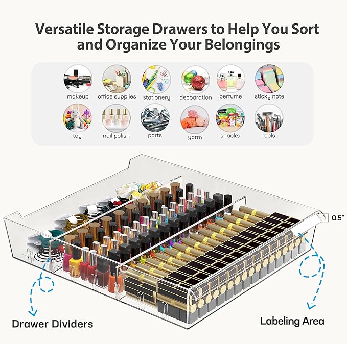 WOPITUES Plastic Storage Drawer Cart, Makeup Organizer and Storage with 10 Large Clear Drawers, Utility Wooden Rolling Cart on Wheels, for Cosmetic, Art Craft, Parts, Office Supplies, Toy, Grey