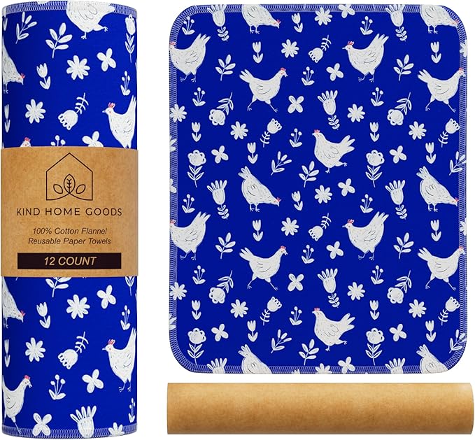 Reusable Paper Towels (12"x10”) - Soft Absorbent 100% Cloth Paper Towel -Washable Paper Towels Rolls w/Cardboard Roll-Reusable Napkins Washable - Dish Cloths (Chickens, 12x10inch)