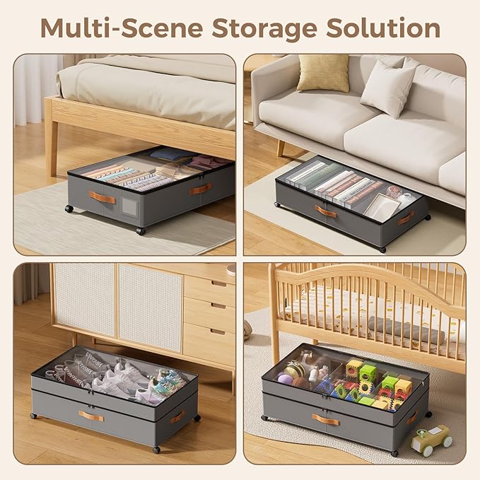 Under Bed Storage with Wheels, Large Capacity UnderBed Containers with Clear Lids, Shoe Organizer Under Bed Drawers, Rolling Under the Bed Storage for Clothes, Shoes, Blankets