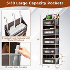 5 Tier Over The Door Organizer - Large Capacity Behind Door Hanging Shelves with 10 Mesh Pockets and Clear Windows, Closet Organizers and Storage for Bathroom, Bedroom, Nursery, Brown