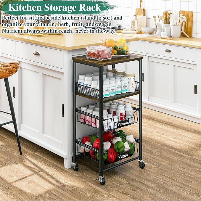 4-Tier Small Kitchen Storage Cart on Wheels, Rolling Pantry and Snack Organizer Cart with Pull-Out Baskets & Wood Top, Utility Kitchen Fruit Basket Stand for Fruit Potato Onion Vegetable Snack
