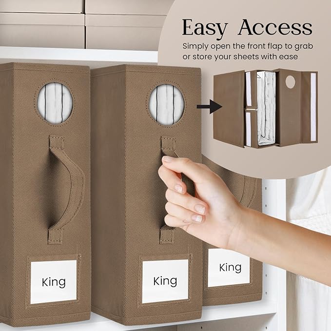 2 Pack Bed Sheet Organizer and Storage, Foldable Storage Organizer for Linen Closet with Viewing Window & Label for Bedding Sheets & Blankets (Queen & King Size) Taupe