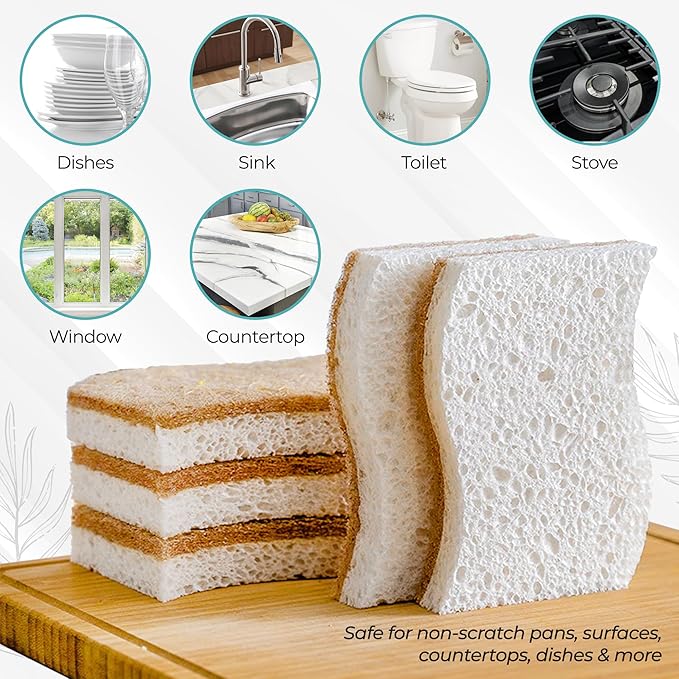 Plant Based Natural Sponge - Pack of 12 Cellulose Sponges, Safe on Non-Stick Cookware, Dual Sided Dish Sponge for Washing Dishes, Kitchen and Household