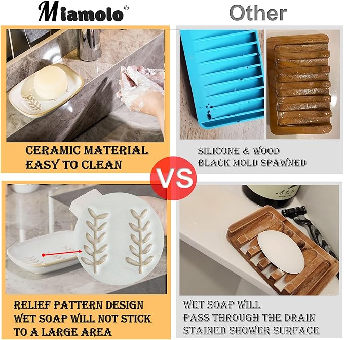 Soap Dish Bar Cleaner Dish for Shower, Ceramic Soap Dishes for Bar Shampoo or Sponge, Shower Soap Dish Soap Saver Tray for Bathroom Kitchen Sink, Easy to Clean