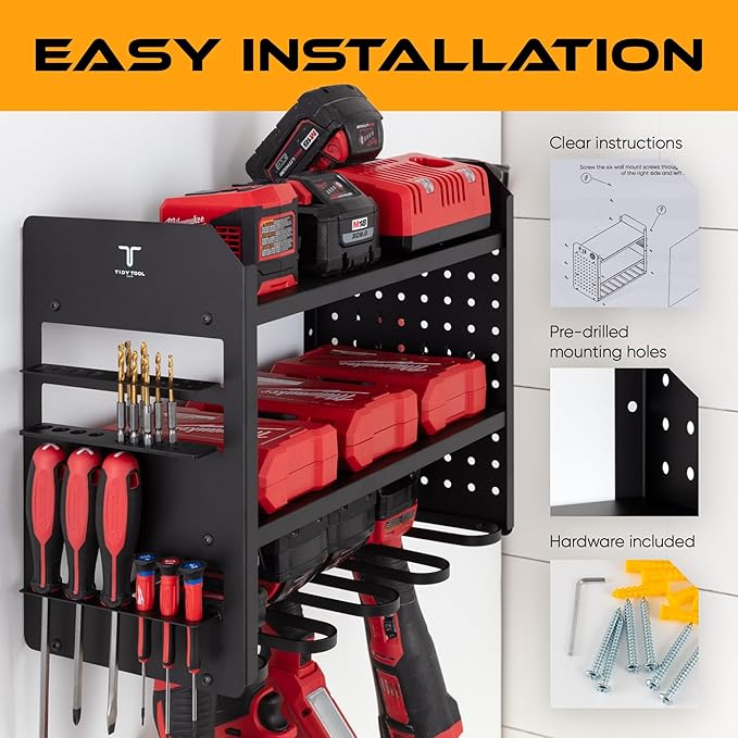 Power Tool Organizer - Wall Mount Storage for Garage Organizes 4 Cordless Drills & Tools - Heavy Duty Rack w Pegboard Sides Shelves & Hooks - Neatly Holds Screwdrivers & Drill Bits BLACK/BLACK