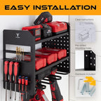 Power Tool Organizer - Wall Mount Storage for Garage Organizes 4 Cordless Drills & Tools - Heavy Duty Rack w Pegboard Sides Shelves & Hooks - Neatly Holds Screwdrivers & Drill Bits BLACK/BLACK