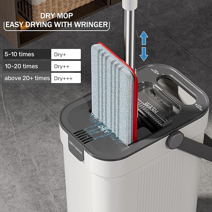 Mop and Bucket Set, 3-Tank Flat Mop and Bucket System for Separate Dirty & Clean Water, 65" Mops for Floor Cleaning with 4 Washable Pads, Safe for Hardwood, Vinyl, Tile, Baseboards, Walls