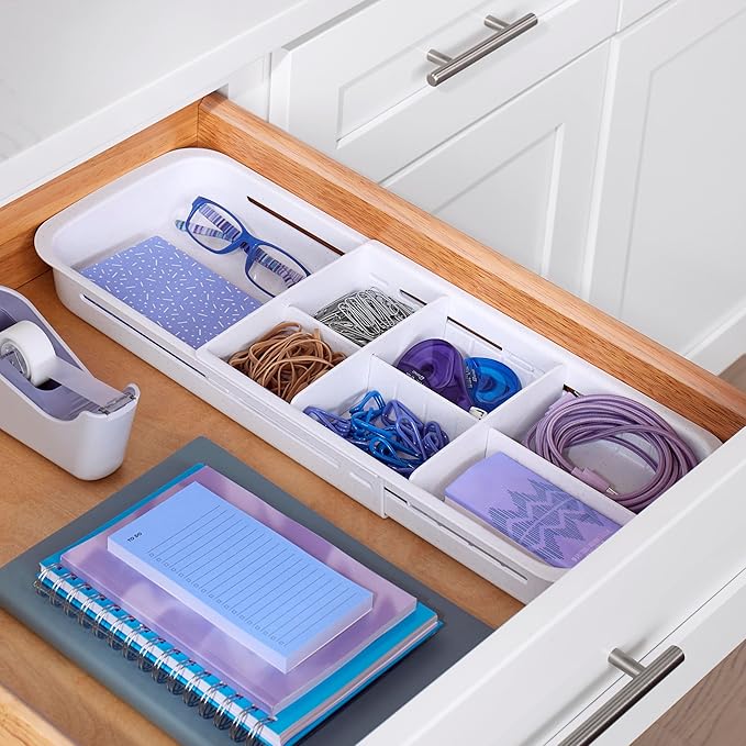 YouCopia DrawerFit Sliding Drawer Tray with Adjustable Dividers, Expandable Kitchen Storage Organizer, Speckled White