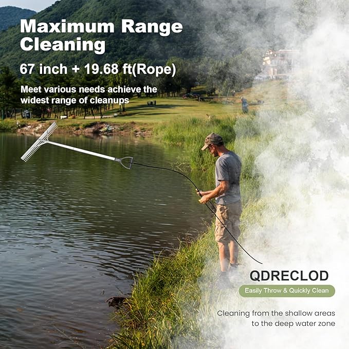 Landscape Rake, 36" Aluminum Heavy Duty Lake Weed Rake, Multifunctional Detachable Aquatic with 67'' Extension Handle & 20Ft Rope, for Weed Algae Removal Loosening Soil Lawn Garden Care