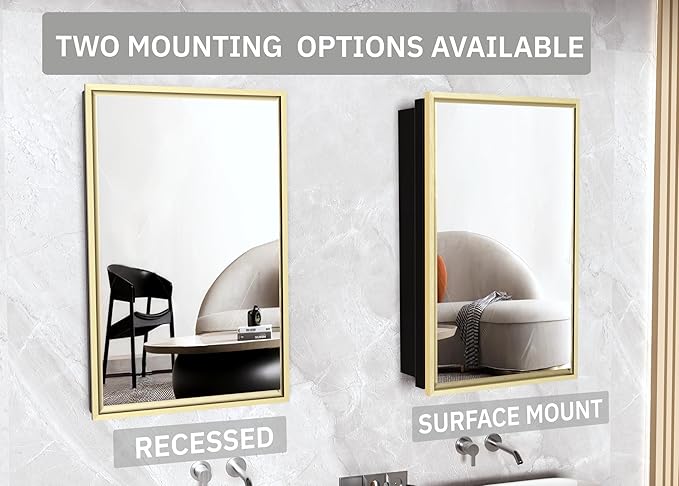 Bathroom Medicine Cabinet with Mirror, Recess or Surface Mount, Single Door Cabinet Famerhouse Bathroom Mirror with Storage Cabinet (Brush Gold, 16"x26")